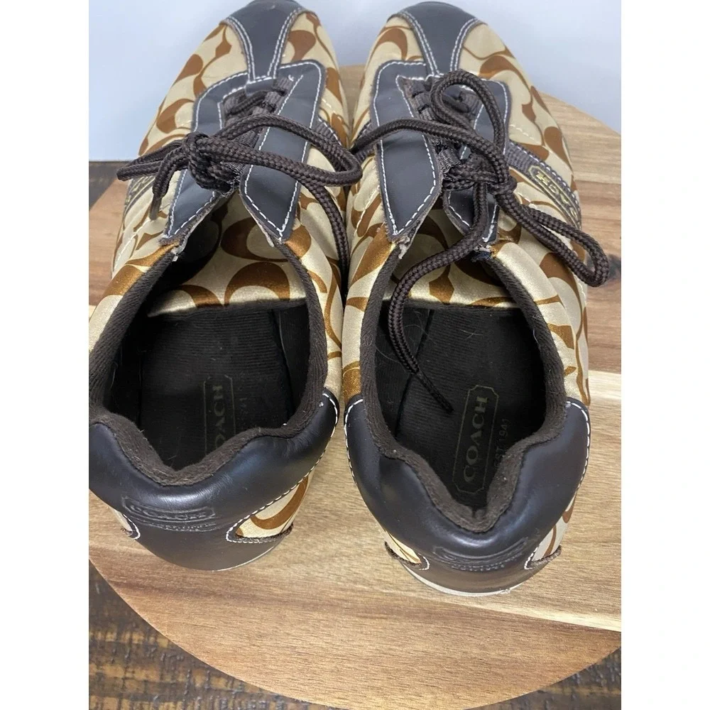 Woman's COACH Kirby Size 8 Sateen Tennis Sneakers Shoes Signature Brown and Tan